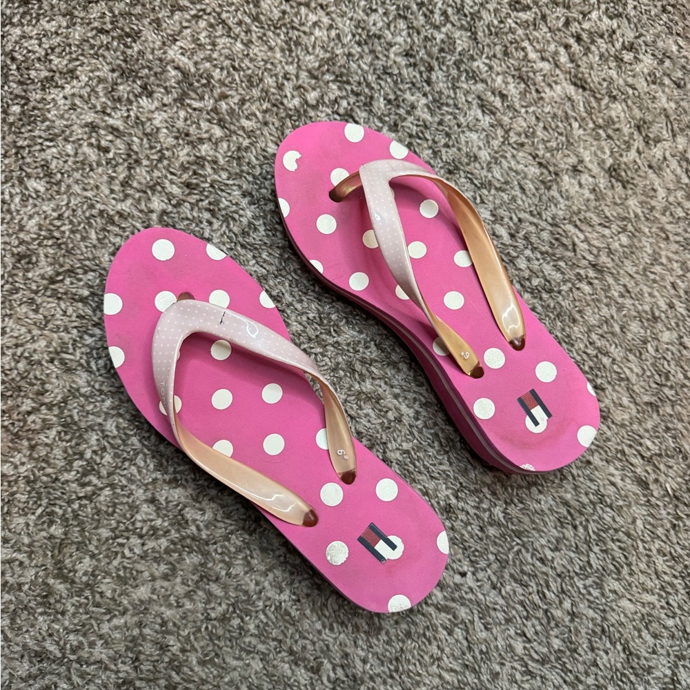 Tommy Hilfiger Pink Flip Flop Wedge Sandals with White Plokadots Size 6